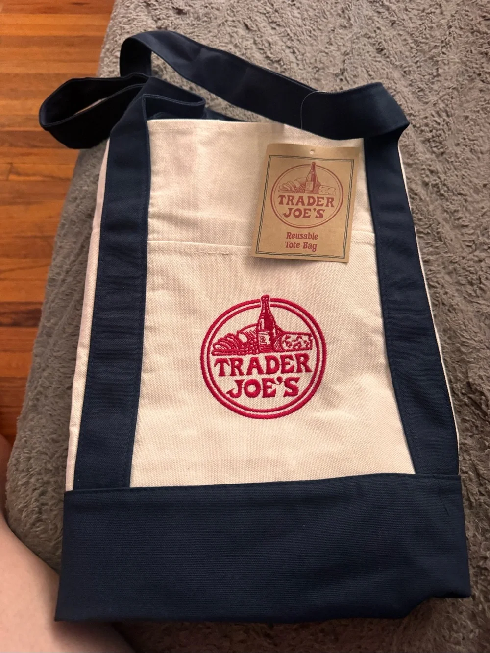 Trader Joe's White and Navy Canvas Tote Bag